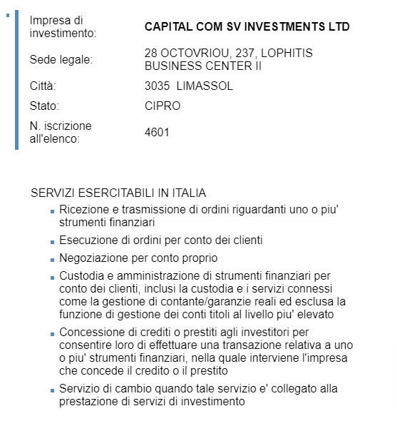screenshot dell'albo ufficiale di Consob che attesta l'autorizzazione di Capital Com SV Investments LTD