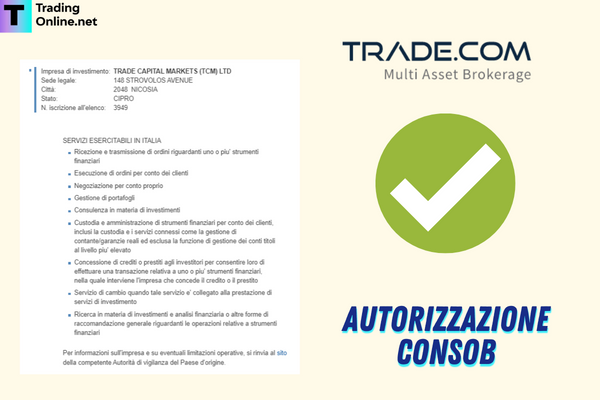 Autorizzazione Consob Trade.com con screenshot dell'albo ufficiale